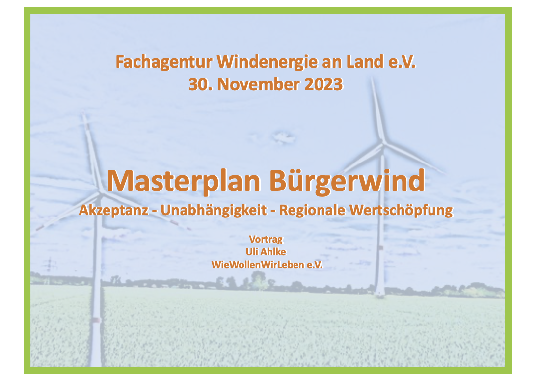 Man sieht Windräder auf einer Wiese, davor in Schrift: "Masterplan Bürgerwind Akzeptanz - Unabhängigkeit - Regionale Wertschöpfung"