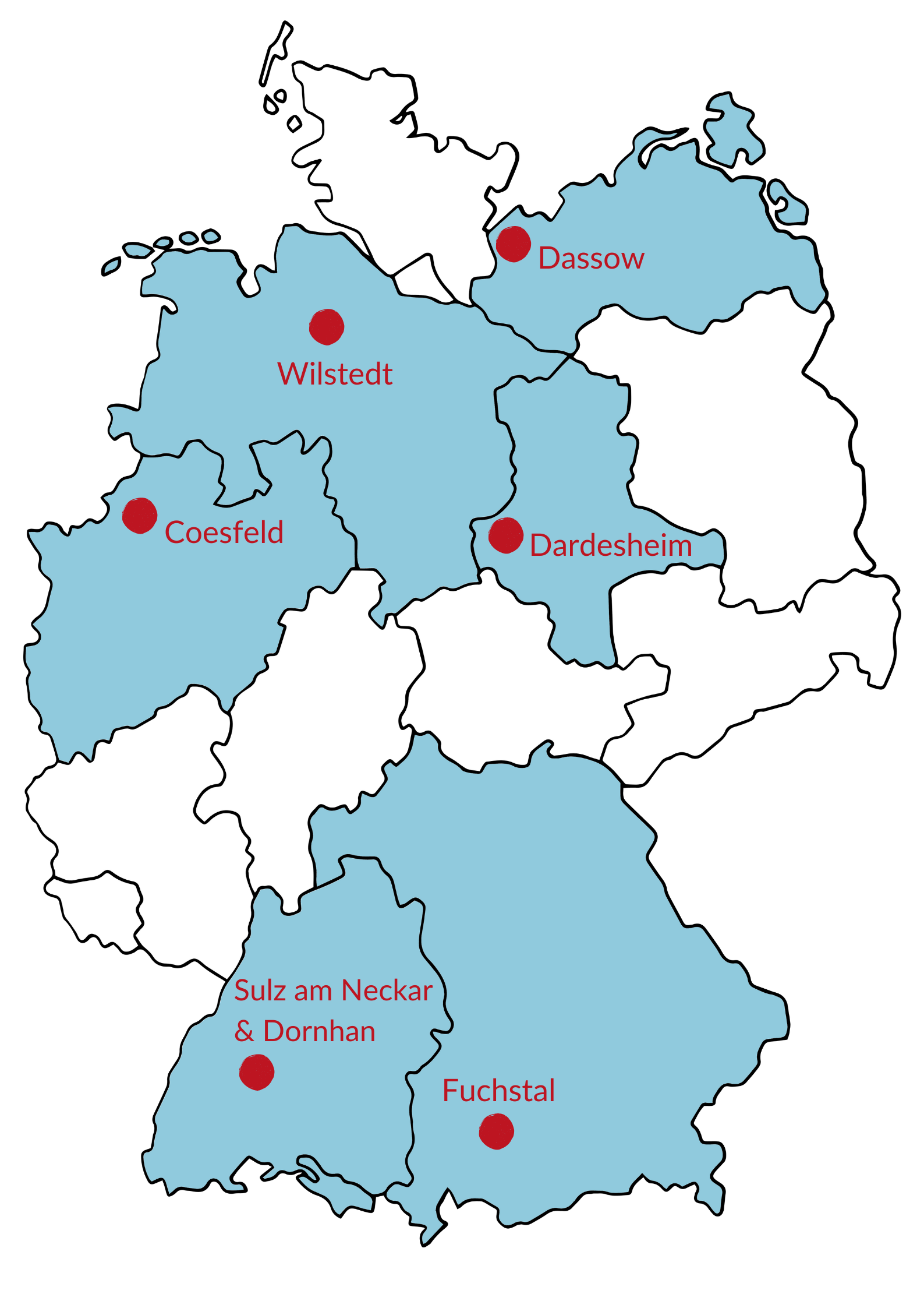 Deutschlandkarte_Überblick blau klein Man sieht eine Deutschlandkarte, auf der alle Orte eingezeichnet sind, zu denen der WindRat ein best practice-Video produziert hat. Die Bundesländer dazu (Bayern, BaWü, NRW, Niedersachsen, Sachsen-Anhalt, Meck-Pom) sind hellblau eingefärbt.